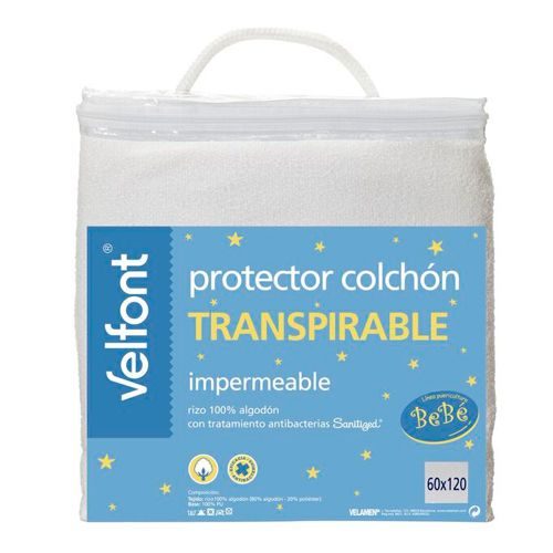 Protector cuna para el colchón VELFONT. Impermeable. Rizo 100% algodón. Con tratamiento antibacterias.